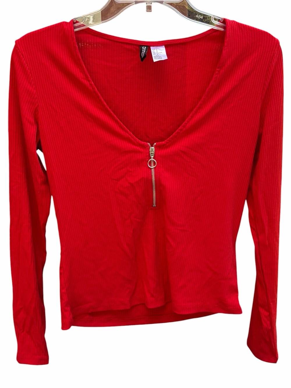 H&M Divided Red Ribbed Half Zip Long Sleeve Top | Size Medium
